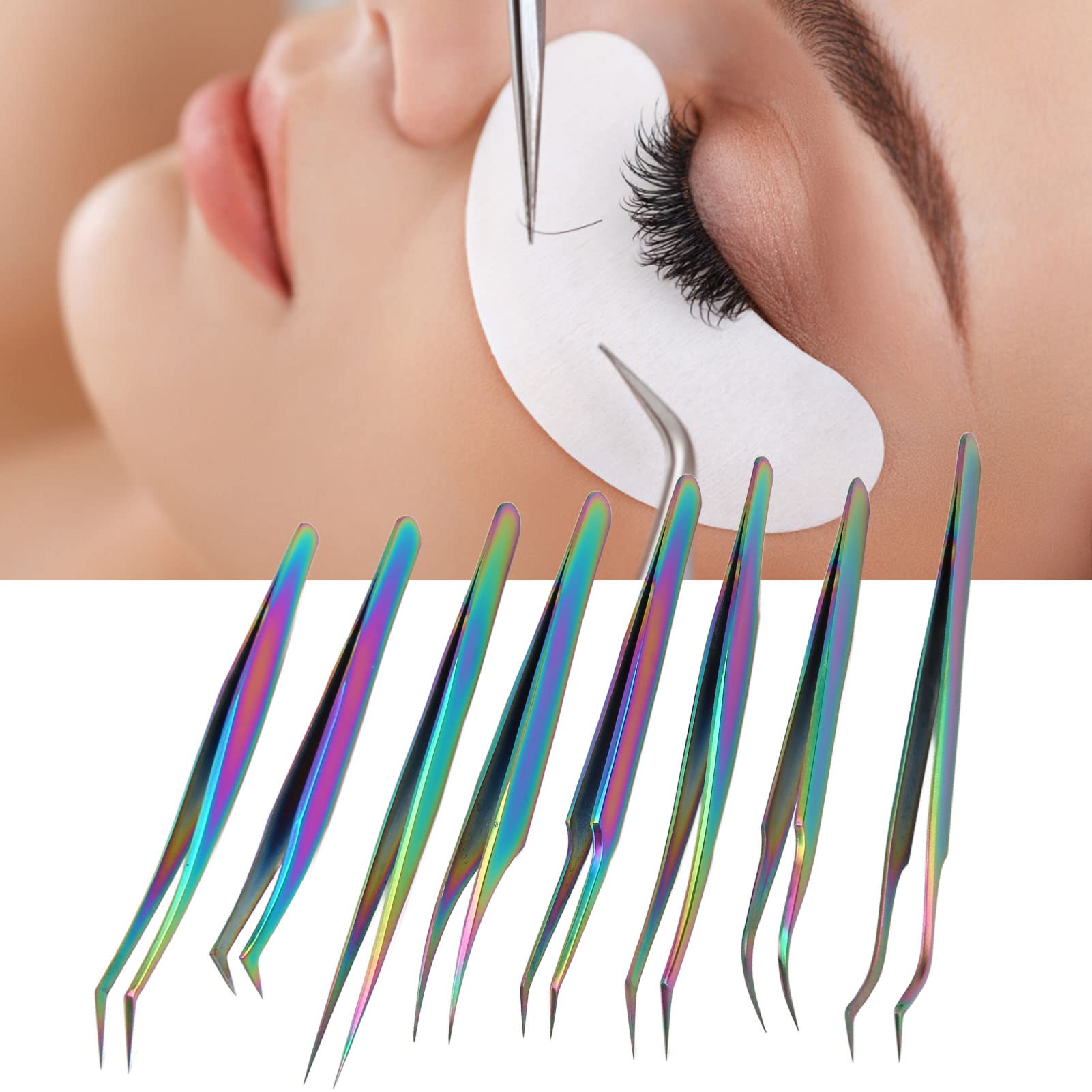 8-Piece Rainbow Stainless Steel Eyelash Extension Tweezers Set - Straight & Curved Professional Lash Tools for Precision Extensions - Perfect for Salon, Home Use & DIY Beauty Enthusiasts