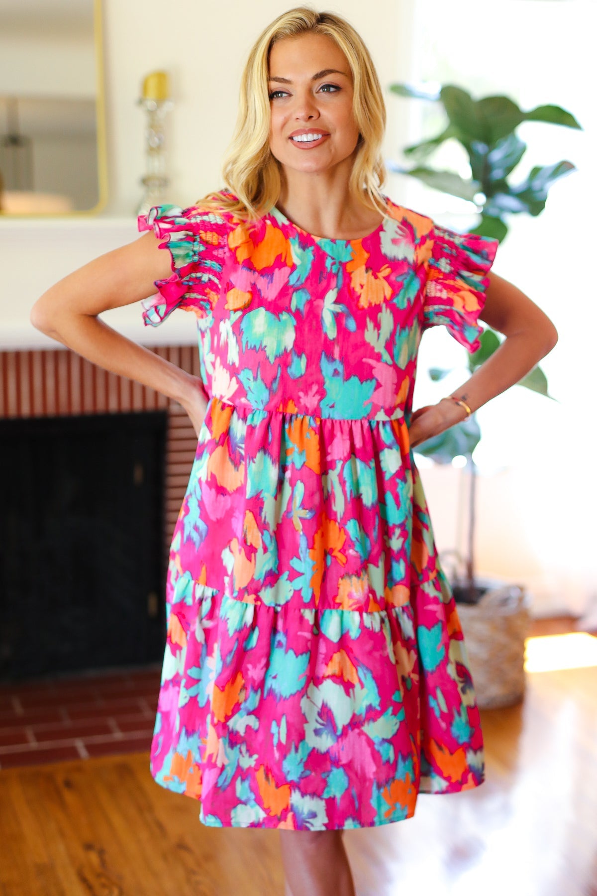 Look of Love Fuchsia Abstract Floral Print Smocked Ruffle Sleeve Dress for Women | Elegant Party & Wedding Guest Outfit