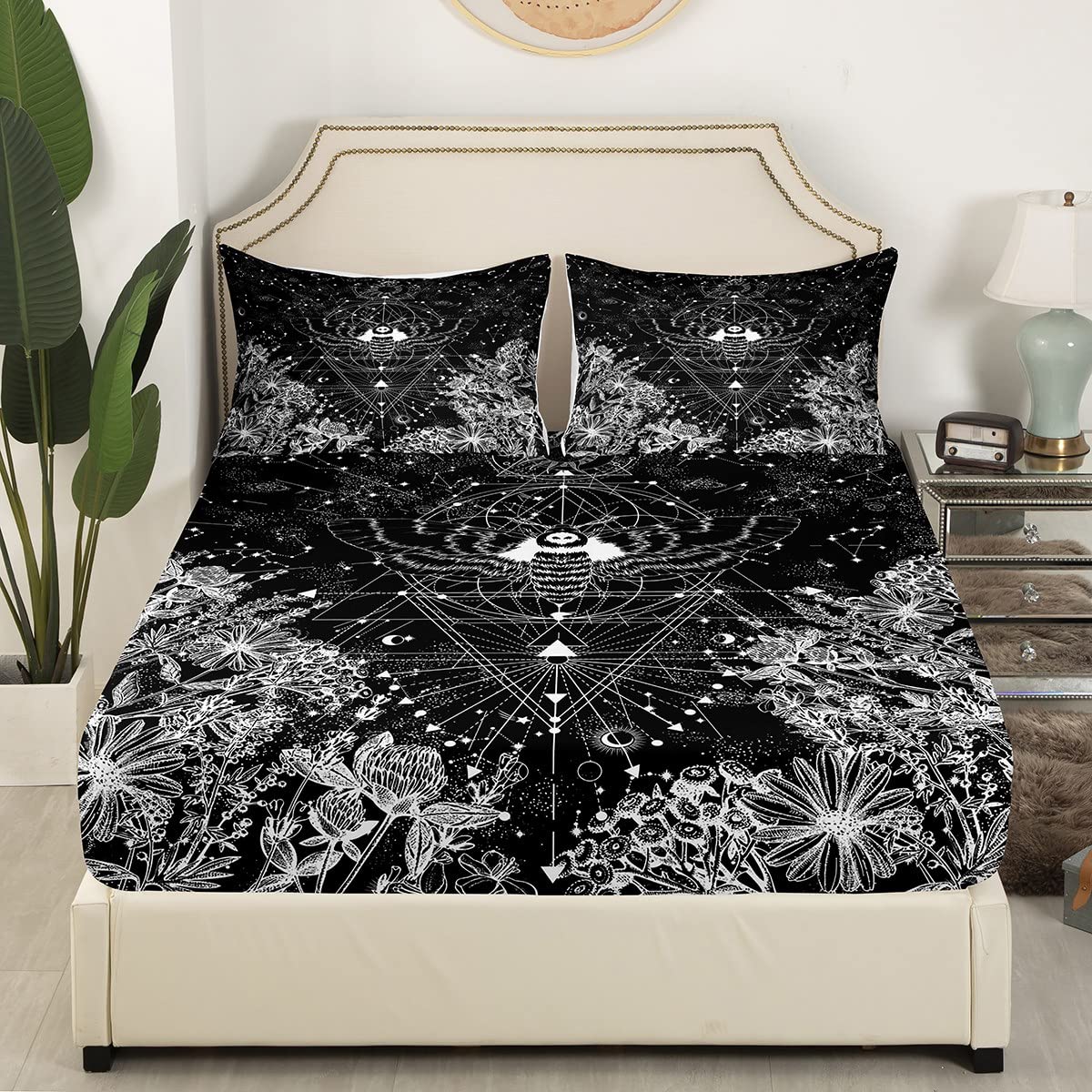 Celestial Death Moth Twin Sheet Set - Glitter Star Bohemian Bedding with Nebula Print | 3-Piece Hippie Style Fitted & Flat Sheets in Black & White | Perfect for Boho Bedroom Decor & Teen Girl's Dorm Room