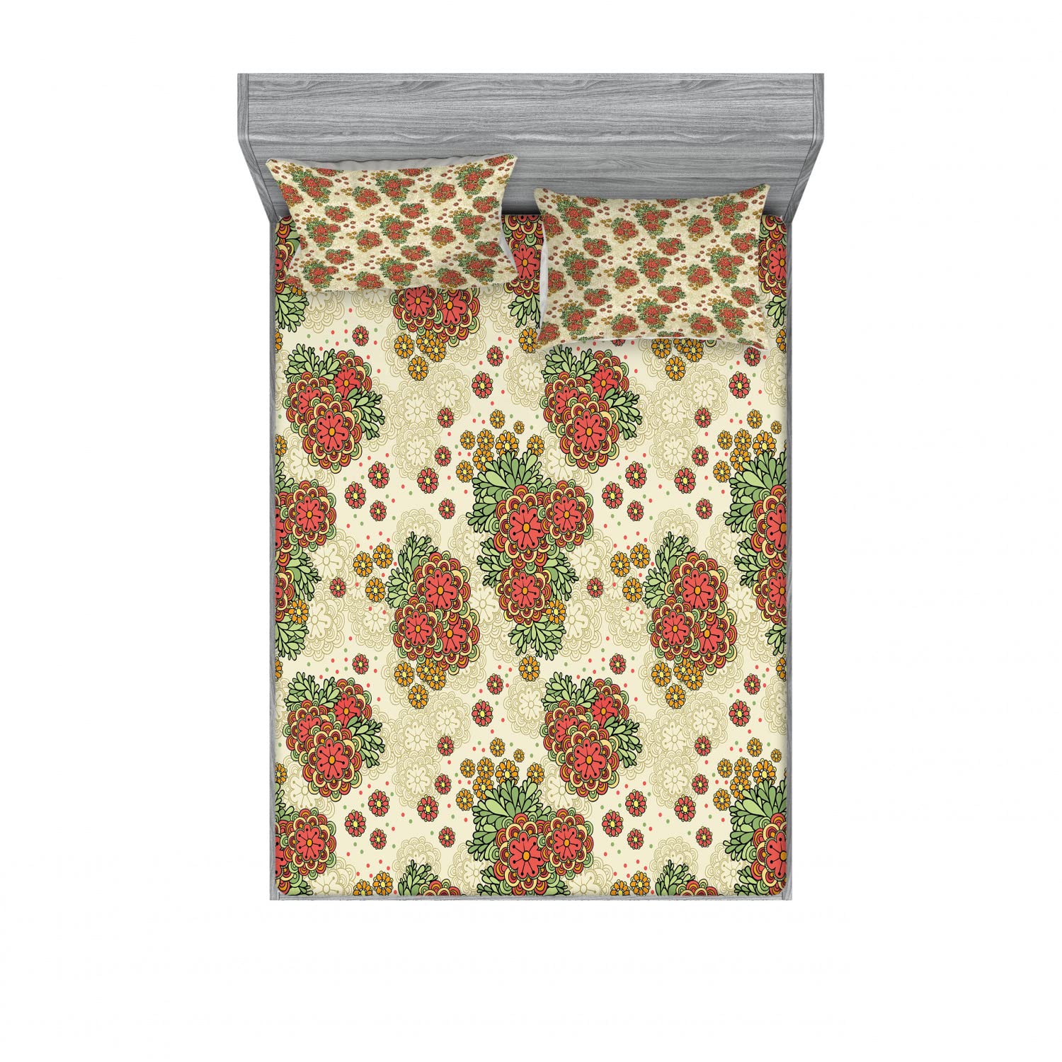 Ambesonne 2-Pack Queen Size Fitted Sheets & Pillow Sham Set - Autumn Floral Pattern in Orange & Olive Green - 4-Piece Bedding Set for Cozy Fall Bedroom Decor | Perfect for Guest Rooms, Dormitories & Seasonal Home Styling