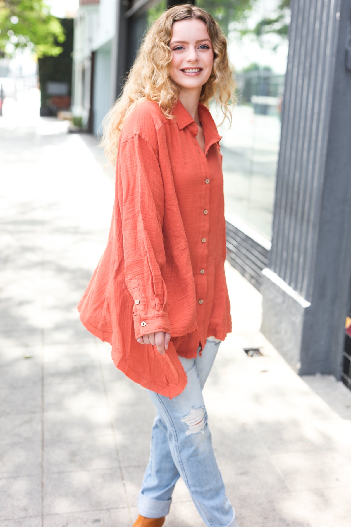 Stylish Rust Button Down Sharkbite Cotton Tunic Top for Women | Comfortable Everyday Wear | Perfect for Office, Casual Outings & Date Nights