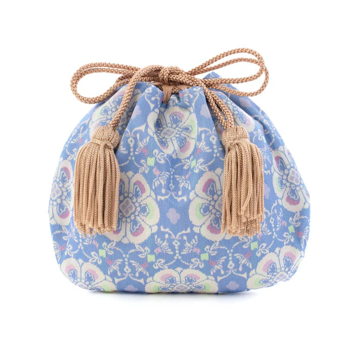 Nishijin Ori Small Drawstring Bag - Japanese Traditional Craft Purse | Kyoto Made Floral Bird Design in Pale Blue | Perfect for Gift, Cosmetics & Jewelry Storage