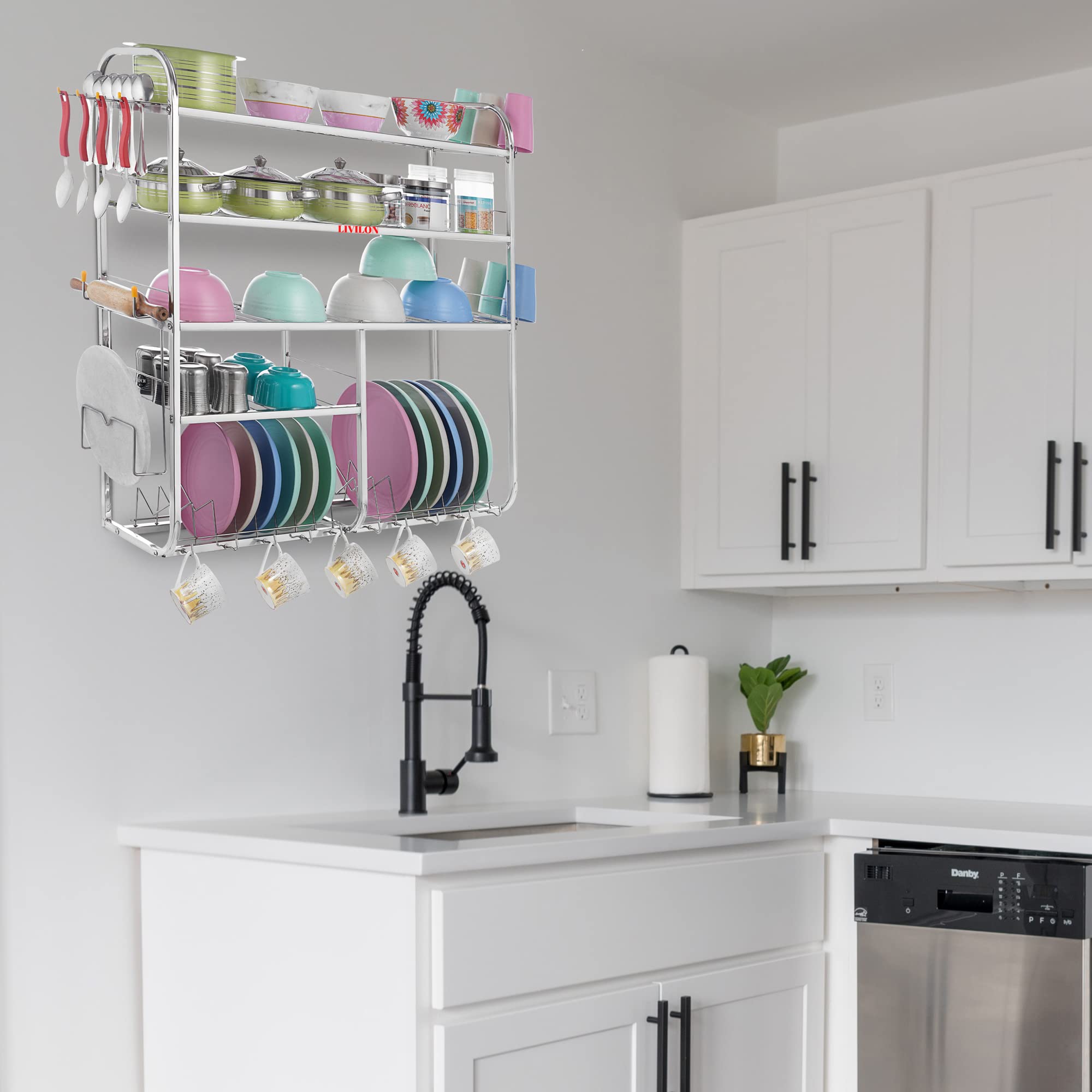 Stainless Steel Wall Mount Kitchen Utensil Rack & Dish Drying Stand - 31x30x10 Inches Organizer for Plates, Cutlery & Cooking Tools | Space Saving Storage Solution for Small Kitchens & Apartments | LVSTLSTLST EE-9