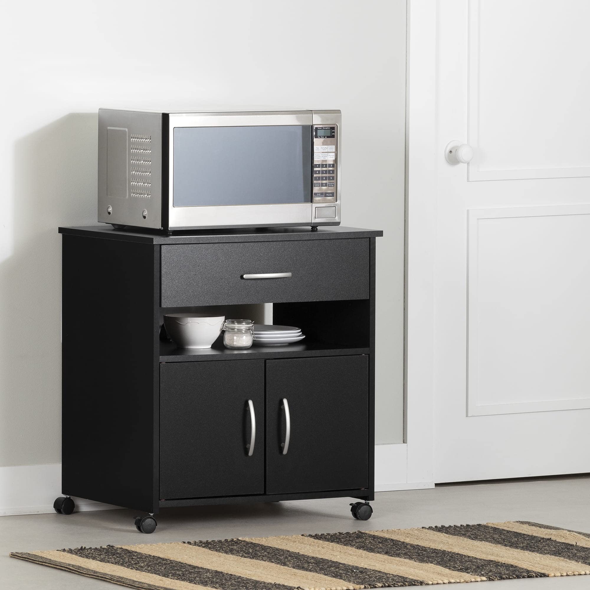 South Shore Axess Microwave Cart on Wheels - Pure Black - Compact Rolling Kitchen Cart for Small Spaces, Dorm Rooms & Apartments - Perfect for Microwaves, Coffee Makers & Small Appliances