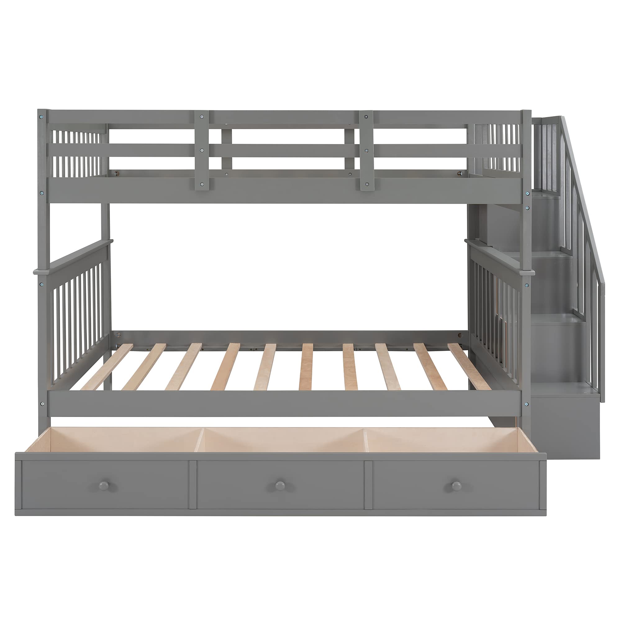 Harper & Bright Designs Full Over Full Bunk Bed with Stairs & Storage Drawers - Solid Wood Twin Bunk Bed for Kids, Teens & Adults - Space Saving Bedroom Furniture for Small Rooms & Shared Kids' Rooms (Grey)