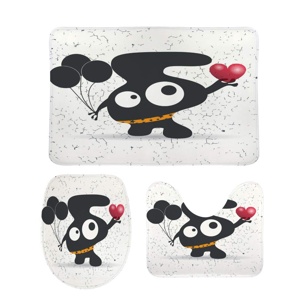 Non-Slip 3-Piece Bathroom Rug Set - Soft Coral Fleece Contour Toilet Mat, Lid Cover & Shower Mat for Bathroom Safety & Comfort - Monster Red Heart Design, Perfect for Bathroom, Toilet & Shower Areas