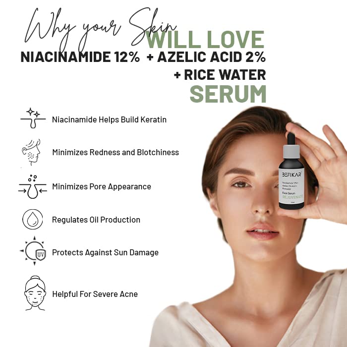 BEFIKAR Rejuvenate Face Serum with Niacinamide, Azelaic Acid & Rice Water - 30ml Anti-Aging Brightening Treatment for Glowing Skin - Perfect for Daily Skincare Routine & Nighttime Use