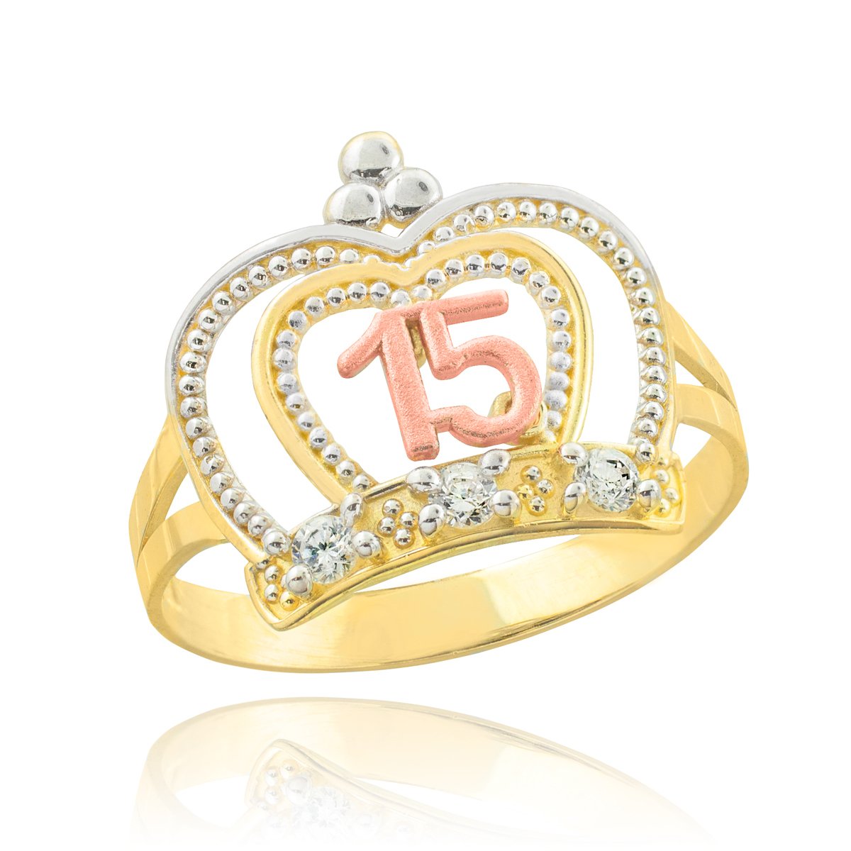 14K Tri-Tone Gold Sweet 15 Crown Ring - Elegant Quinceañera Jewelry for Girls, Imperial Queen Style Band - Perfect for Birthday Celebrations, Coming of Age Parties & Special Occasions