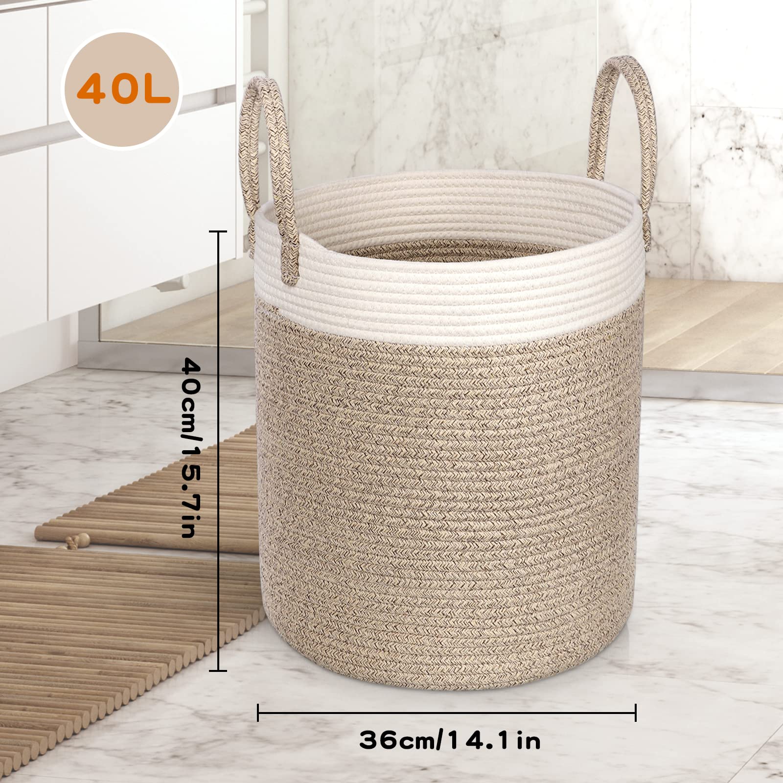 Tesmien Foldable Woven Laundry Basket & Toy Storage Organizer - Large Cotton Rope Hamper with Handles for Nursery, Baby Room Decor (35x40cm, Khaki+White) - Perfect for Kids' Toys, Blankets & Clothes Storage
