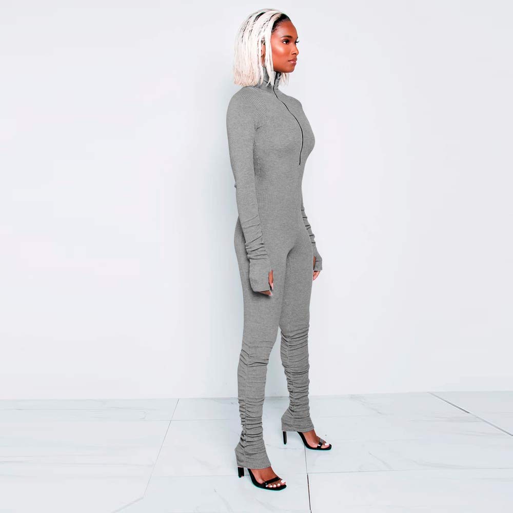 XLLAIS Women's High Neck Zipper Ruched Bodycon Jumpsuit Tracksuit with Thumb Holes - Slim Fit Workout Outfit for Yoga, Gym & Casual Wear