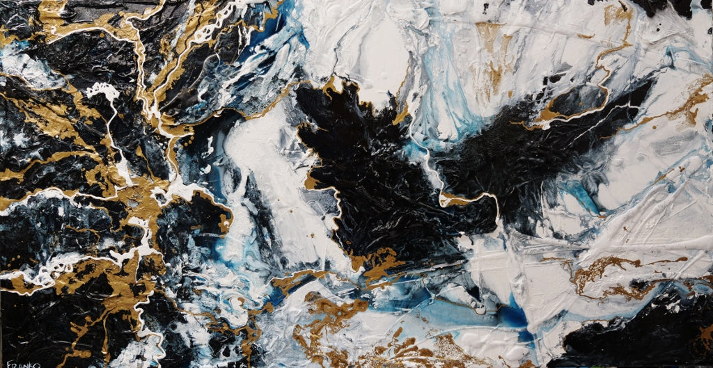 190cm x 100cm Black Metallic Gold Blue Abstract Textured Canvas Art Painting - Modern Wall Decor for Living Room, Bedroom & Office