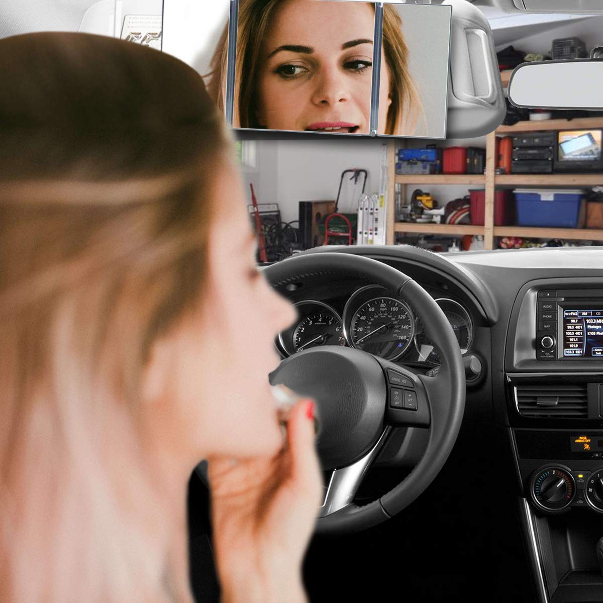 VaygWay Tri-Fold Car Visor Mirror - Universal Clip-On Vanity Mirror for Cars, Trucks & SUVs - Travel Makeup Cosmetic Mirror with Wide View - Perfect for On-the-Go Touchups and Rear Visibility
