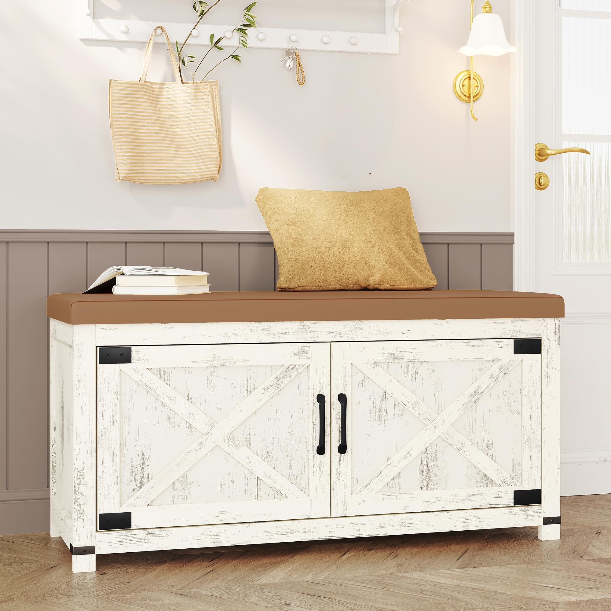 Farmhouse Shoe Storage Bench with Padded Seat - 2-Tier Entryway Organizer with Adjustable Shelf & Barn Doors - Antique White Shoe Cabinet for Living Room, Bedroom, Hallway - Perfect for Small Space Organization & Mudroom Decor