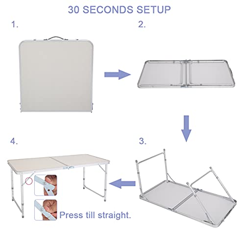 Lightweight Aluminum Folding Table 4ft - Portable Adjustable Height Picnic & Camping Table - Perfect for Outdoor BBQs, Beach Trips, and Tailgating Parties