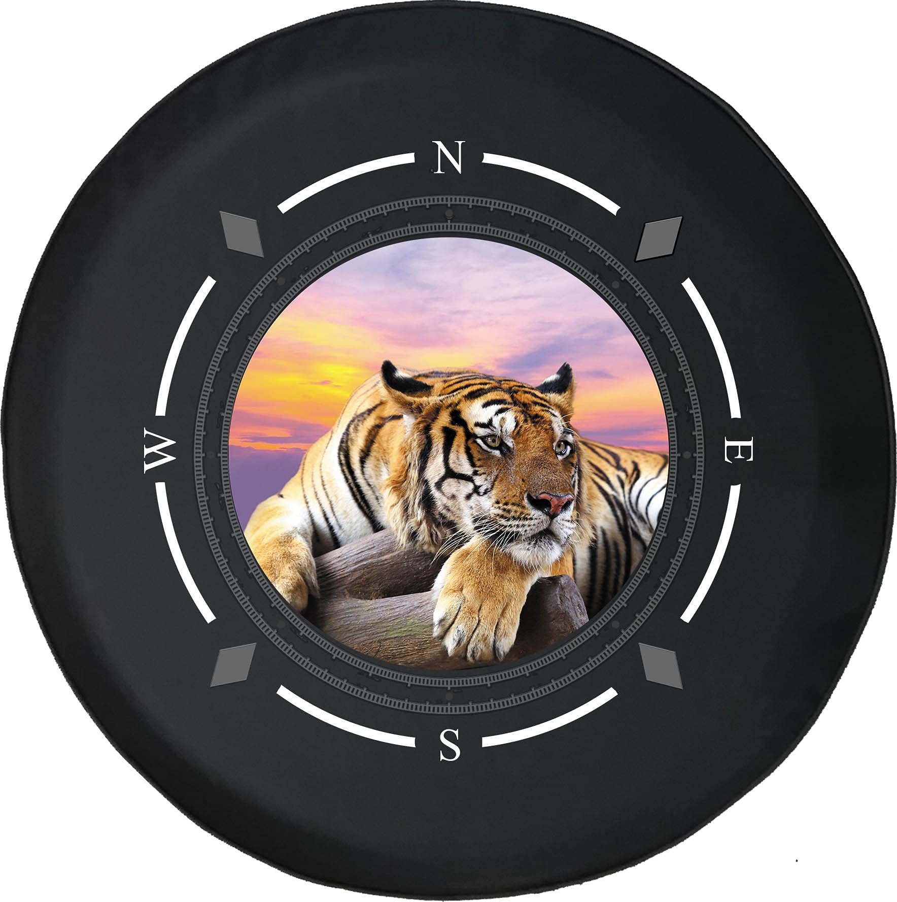 Premium American Unlimited Spare Tire Cover with Compass & Tiger Jungle Cat Sunset Design - Universal Fit for SUVs, Trailers, RVs & Most Vehicles | Durable Wheel Protection for Off-Road Adventures & Camping Trips
