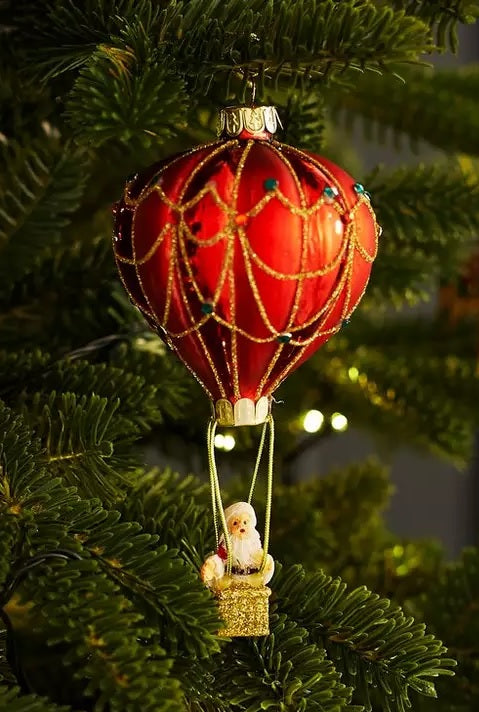 5.5 Inch Red and Gold Glass Santa Claus in Hot Air Balloon Christmas Ornament - Perfect for Holiday Tree Decorations, Gift Giving, and Festive Home Decor