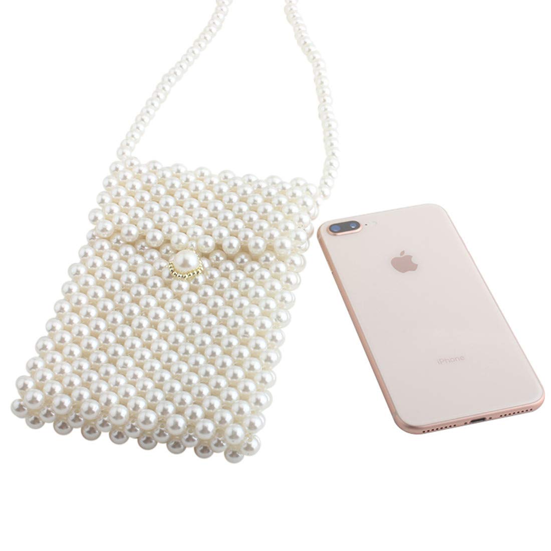 LETODE Women's Vintage Pearl Shoulder Bag - Handmade Woven Pearl Crossbody Purse with Phone Pocket, Clear Transparent Clutch for Party, Wedding & Evening Events