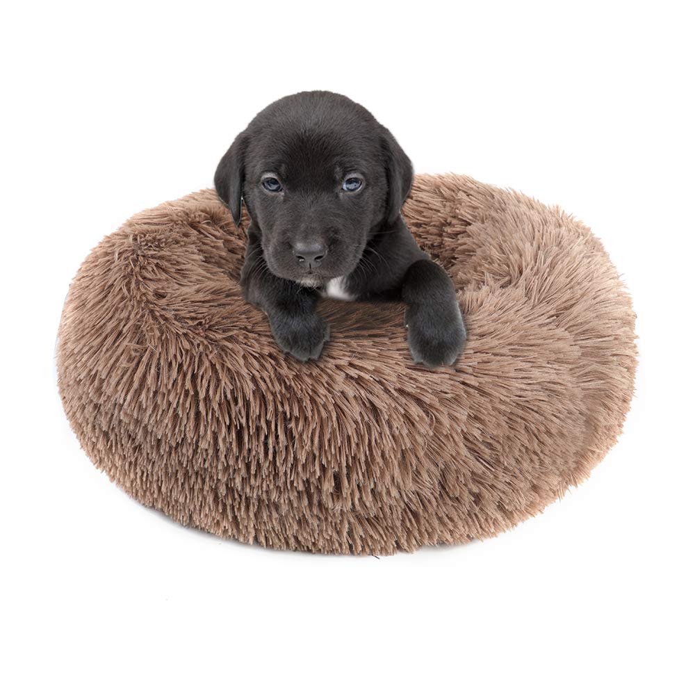 OtoEZ Round Plush Donut Pet Bed - Ultra Soft Warm Fur Cuddler for Dogs & Cats - Non-Slip Bottom Calming Cushion Bed (27.6 Inch, Khaki) - Perfect for Puppies, Kittens & Anxious Pets in Living Room or Bedroom