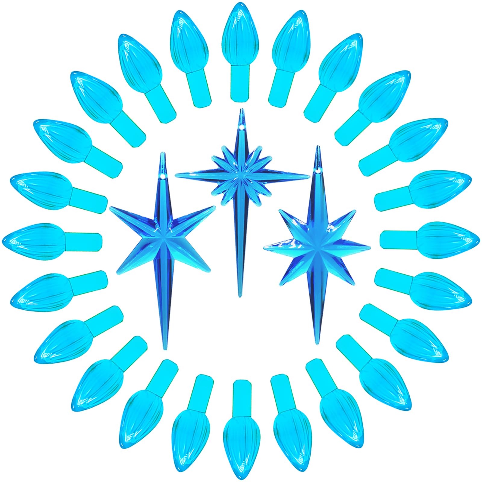 Ceramic Christmas Tree Replacement Lights Bulbs - 87 Aqua Blue Medium Twist Plastic Pegs & 3 Topper Star Ornaments - Perfect for Holiday Decor, DIY Projects, and Vintage Ceramic Tree Restoration