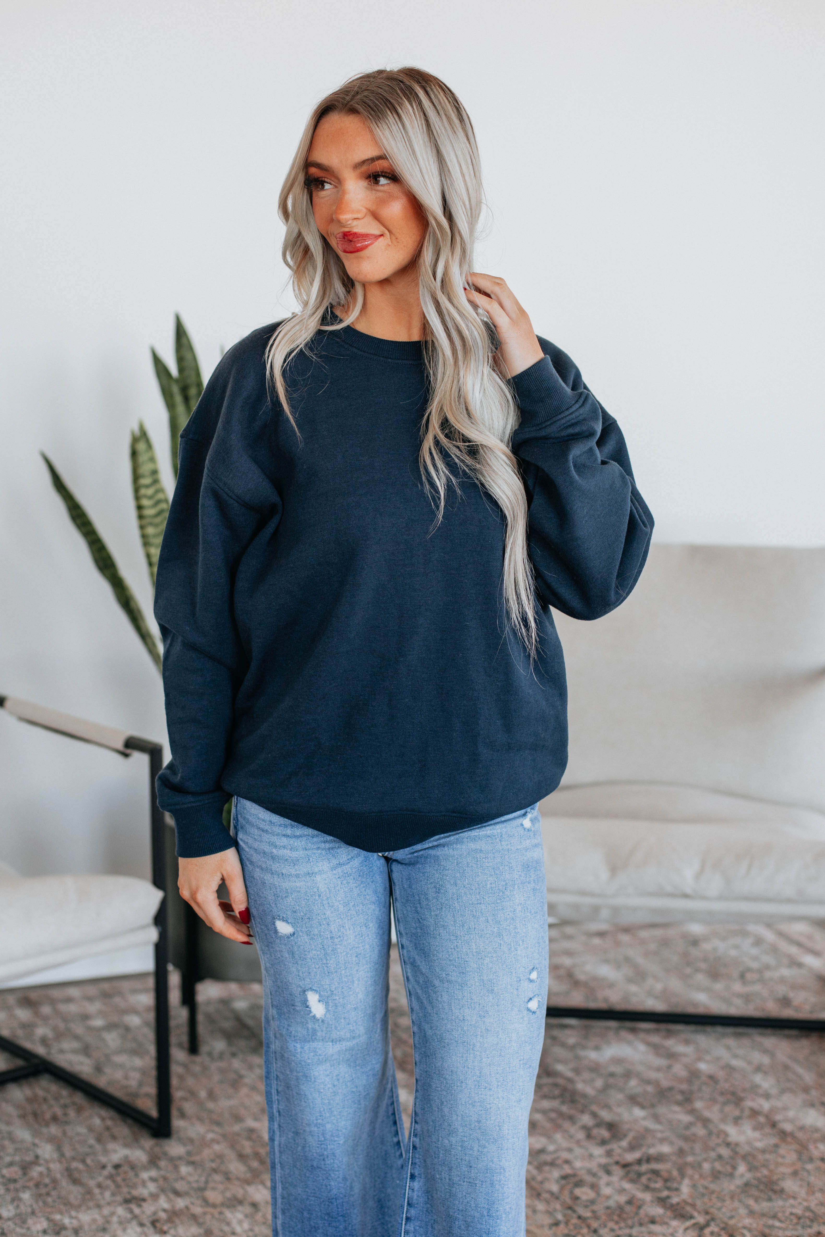 Jandi Lounge Crewneck Sweatshirt for Women - Soft & Comfortable Navy Pullover - Perfect for Casual Wear, Lounging & Travel