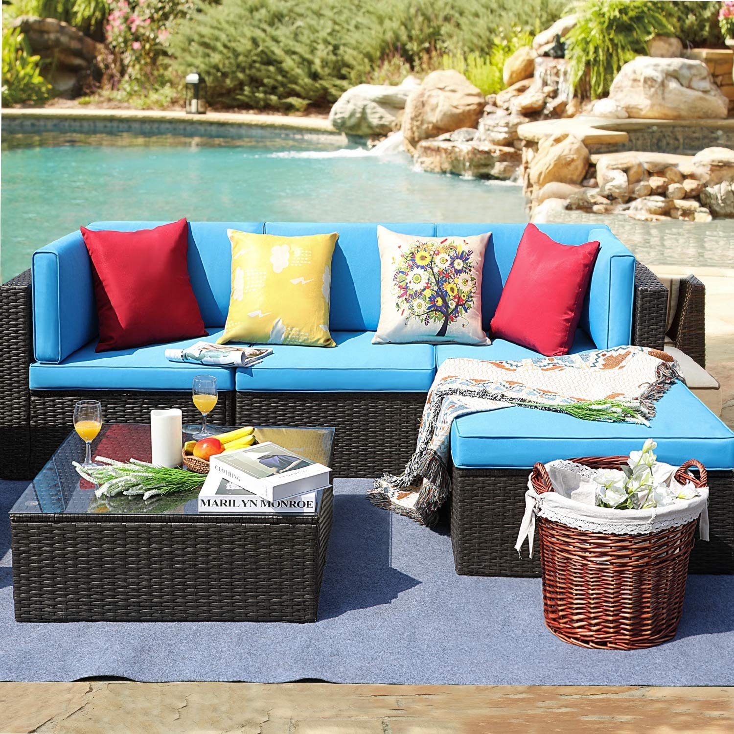 Furniwell 5-Piece Outdoor Sectional Sofa Set - Patio Wicker Rattan Conversation Set with Cushions, Pillows & Glass Coffee Table (Blue) - Perfect for Backyard, Garden, Poolside & Outdoor Lounge Areas