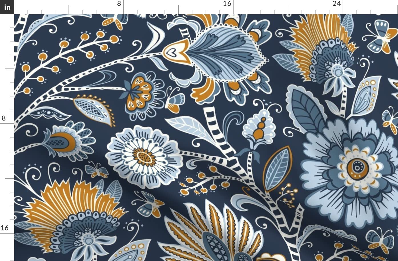 Organic Cotton Sateen Fabric by Spoonflower - Navy Blue Chintz with Large Floral & Butterfly Print for Sewing, Quilting, Apparel & Home Decor | Fat Quarter for DIY Projects, Curtains & Upholstery