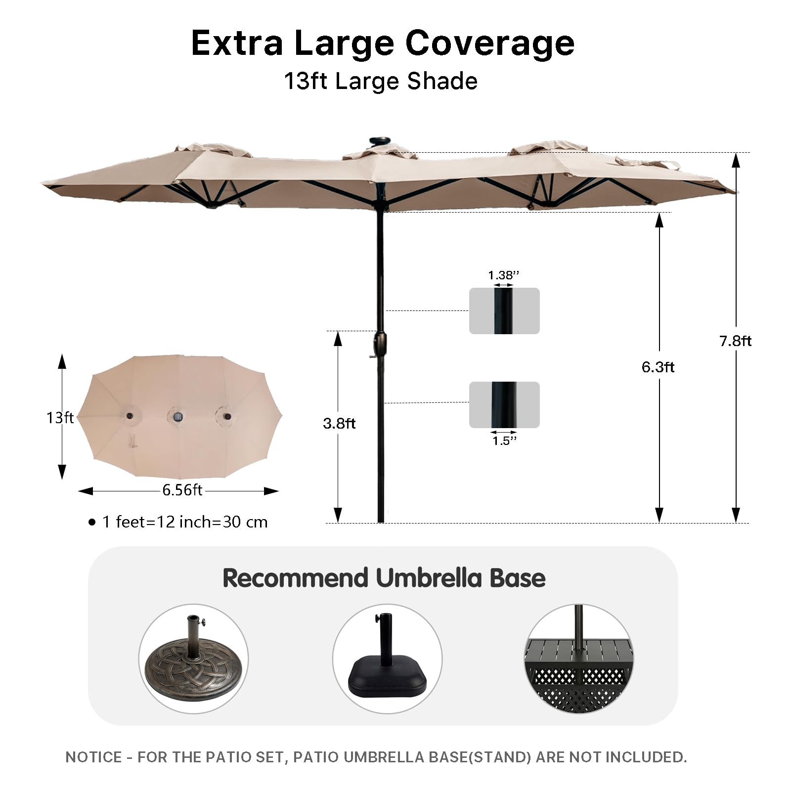 FREE SOLDIER 13ft Solar LED Patio Umbrella with 36 Lights - Double-Sided Outdoor Cantilever Umbrella for Garden, Yard, Poolside - Beige Waterproof Sun Shade for Relaxing & Outdoor Dining