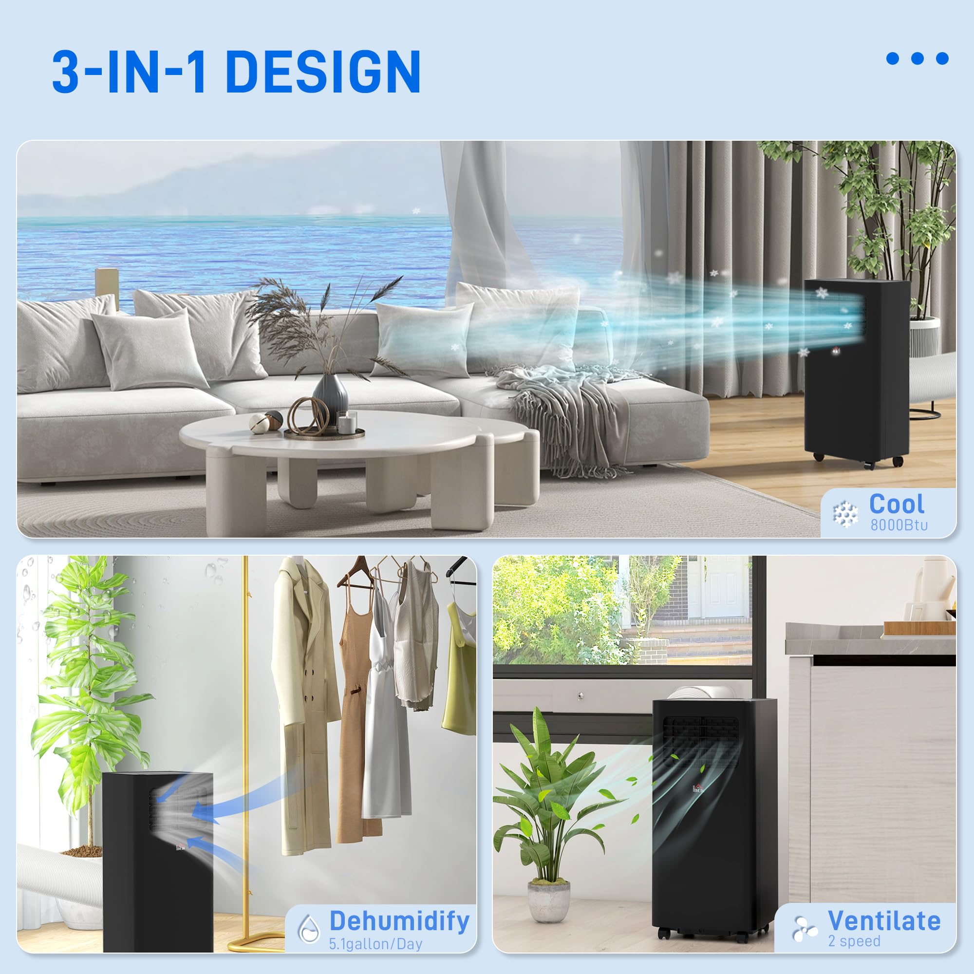 HOMCOM 8000 BTU Portable Air Conditioner for Rooms Up to 345 Sq. Ft - 3-in-1 AC Unit with Dehumidifier & Cooling Fan - Sleep Mode, Remote Control, 24H Timer - Window Installation Kit Included - Perfect for Bedrooms, Offices, and Small Spaces (Black)
