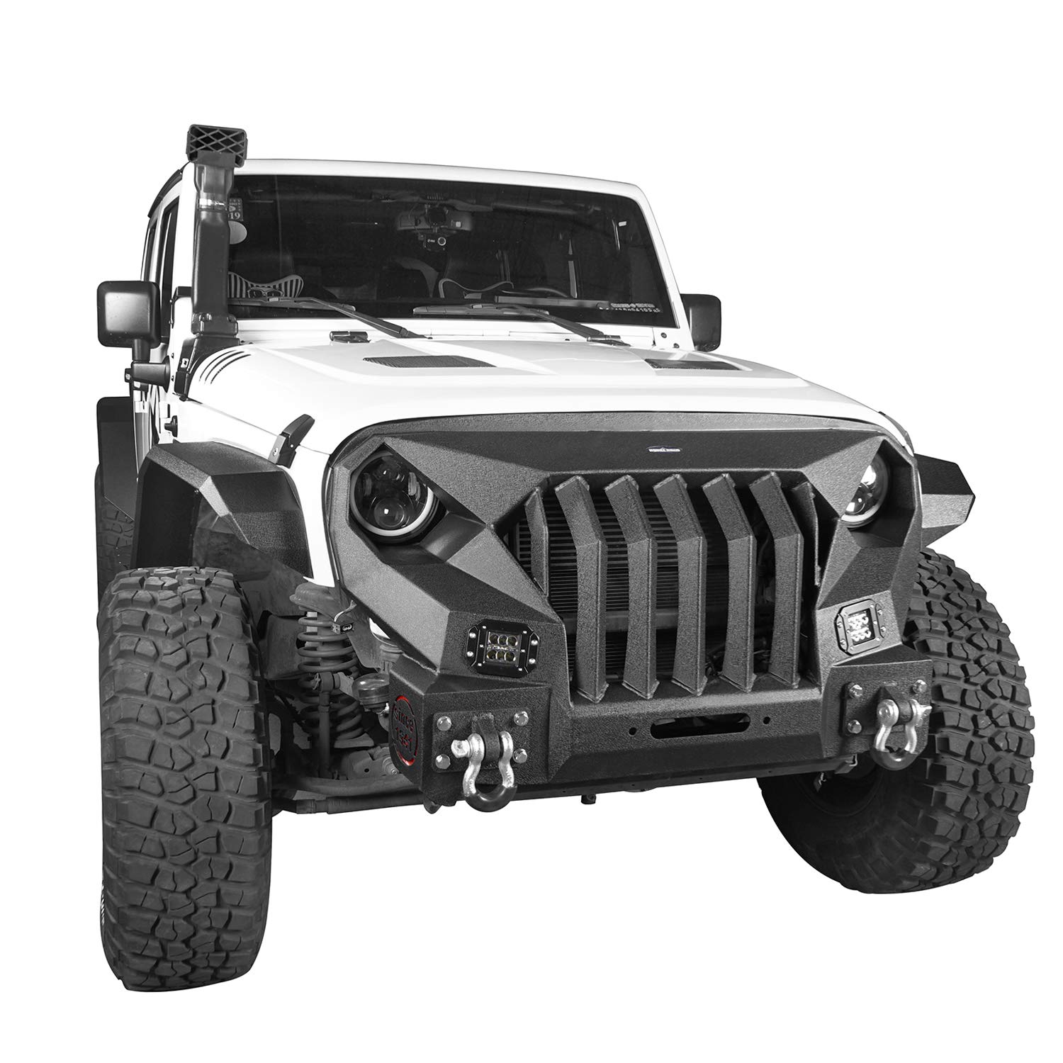 Wrangler JK Front Bumper with Steel Grille Guard, LED Lights & D-Rings - Heavy Duty Off-Road Bumper for Jeep Wrangler JK & Unlimited (2007-2018) - Perfect for Rock Crawling, Overlanding & Trail Adventures