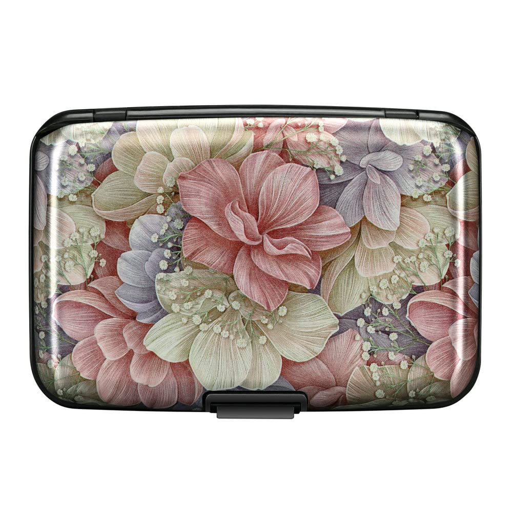 ELFISH Mini RFID Blocking Aluminum Wallet - Slim Credit Card Holder for Men & Women - Business Card Case & Metal ID Protector (Happy Flower Design) - Perfect for Travel, Office & Everyday Use