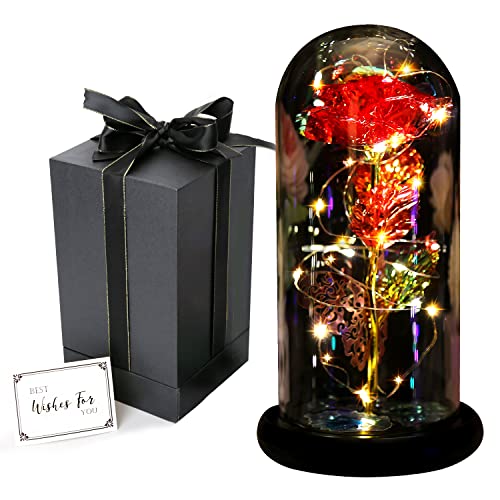 Forever Glass Rose Gift for Women - Light Up Galaxy Rose Artificial Flower (Red) | Beauty and The Beast Inspired Birthday, Anniversary & Wedding Gifts for Mom, Wife, Daughter | Romantic Home Decor, Valentine's Day Present, Special Occasion Keepsake