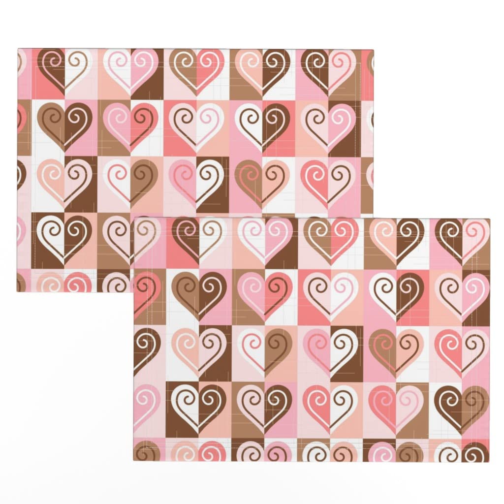 Linen Cotton Canvas Placemats Set of 2 - Valentine's Day Geometric Heart Print Table Mats in Pink, White & Brown | Perfect for Romantic Dinners, Anniversary Celebrations & Home Decor