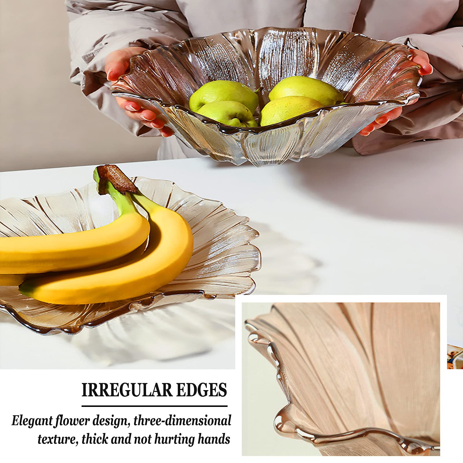 Modern Translucent Amber Glass Fruit Bowl - Creative Decorative Stand for Fruits, Vegetables & Snacks - Elegant Home Kitchen Decor for Dining Table & Countertop Display