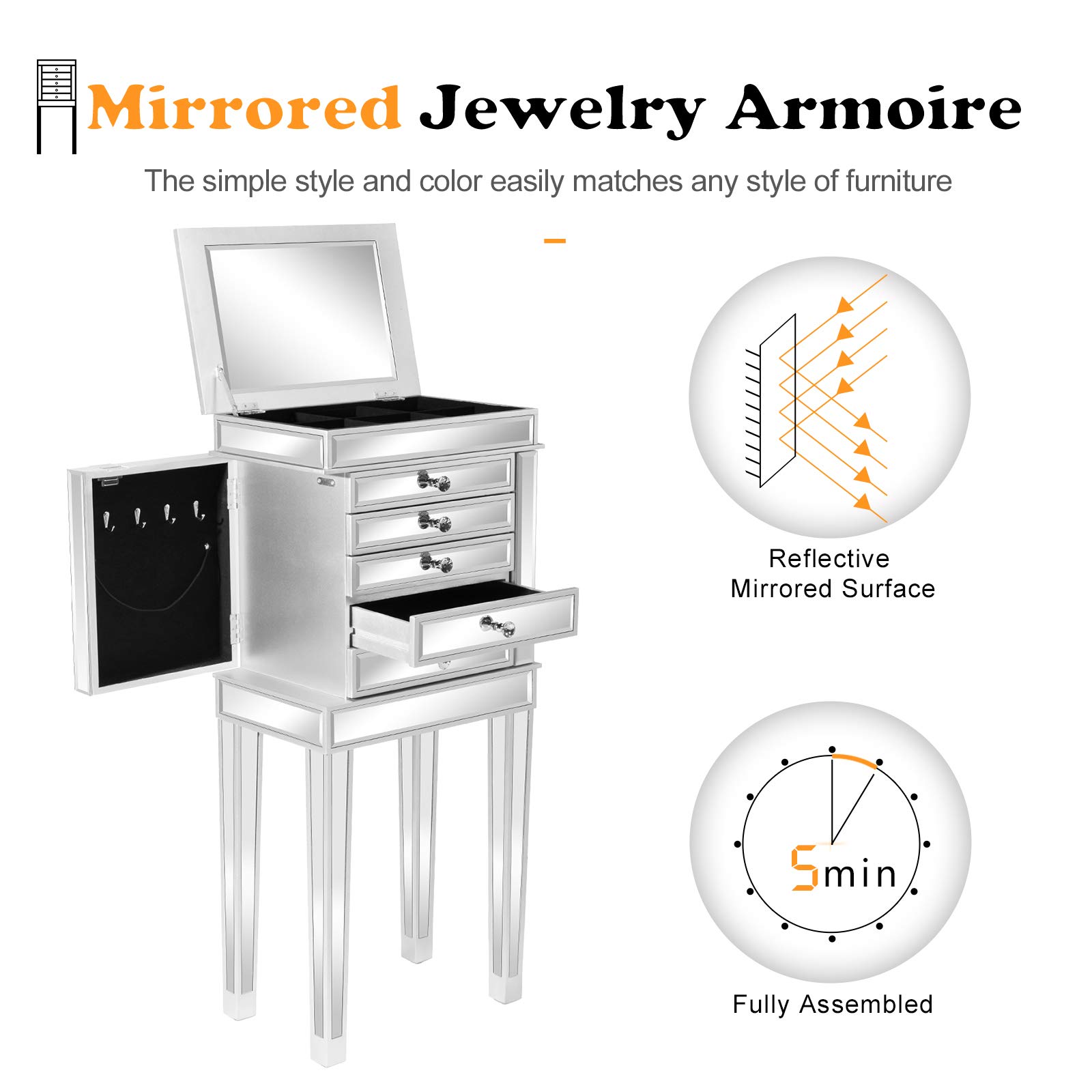 VINGLI Full-Length Mirrored Jewelry Armoire with 6 Drawers & 2 Side Doors - Large Standing Jewelry Cabinet Organizer for Necklaces, Rings, Earrings - Silver Finish for Bedroom, Closet or Dressing Room
