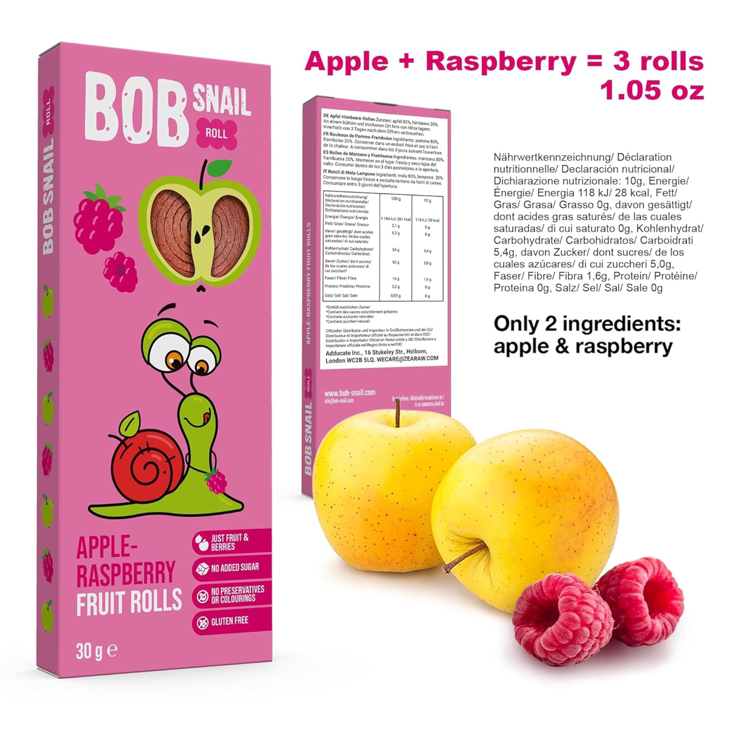 BOB SNAIL Healthy Fruit Snacks Variety Pack - 30 Individually Wrapped Gluten-Free Vegan Low Carb Snack Bars with Natural Mango, Raspberry, Pear & Apple Flavors - No Sugar Added for Kids & Adults - Perfect for School Lunches, Office Snacks & On-the-Go Energy
