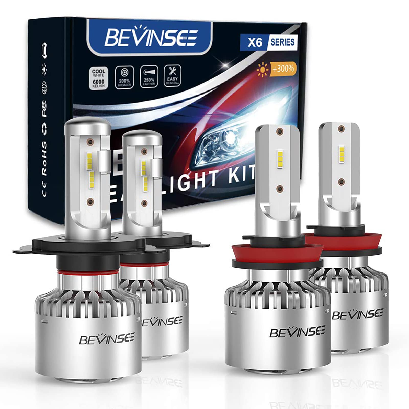 Bevinsee H4/9003 & H11/H8/H9 LED Headlight Bulbs 10000LM 300% Brighter, 6000K Cool White High/Low Beam LED Conversion Kit - Plug and Play Halogen Replacement for Cars, Trucks, SUVs - Pack of 2 (Perfect for Night Driving & Off-Road Adventures)