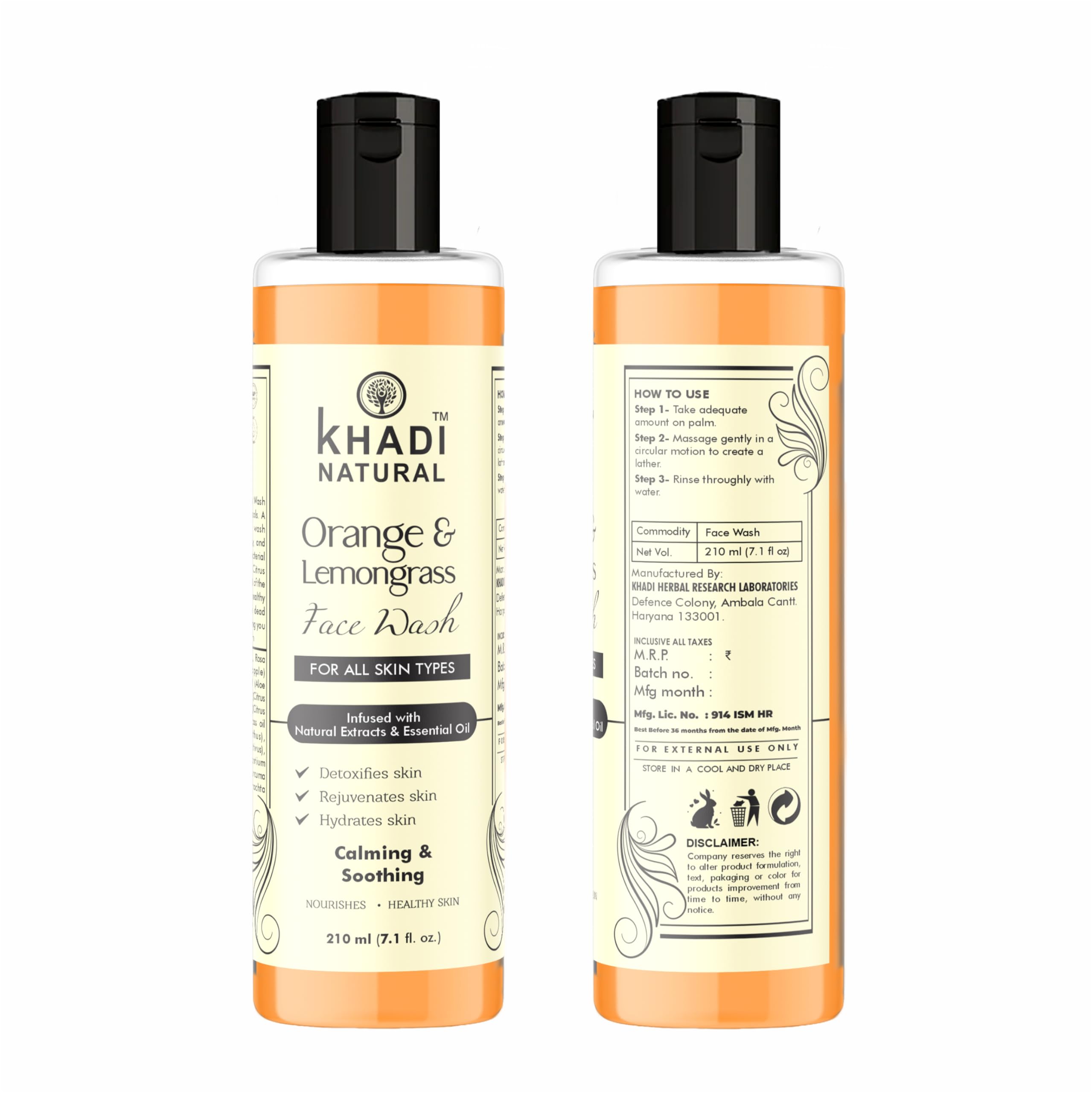 Khadi Natural Orange & Lemongrass Herbal Face Wash for Dry Skin - 210ml (Pack of 2) | Organic Cleanser with Citrus Extracts | Perfect for Morning & Night Skincare Routine