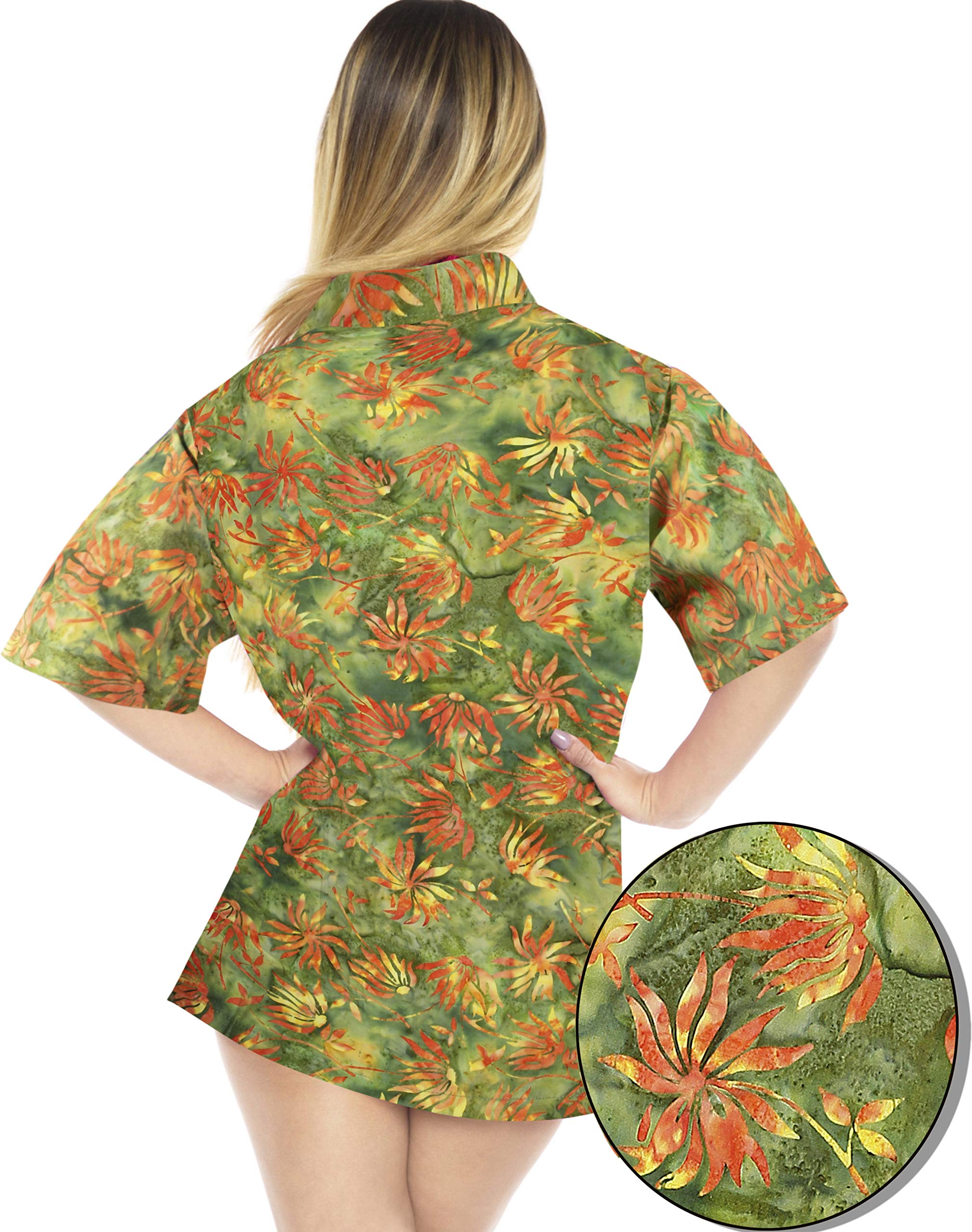 LA LEELA Women's Summer Casual Hawaiian Shirt - Short Sleeve Button Up Blouse with Spring Leaves Print - Beach Vacation, Pool Party & Tropical Outfit for Women (Green)