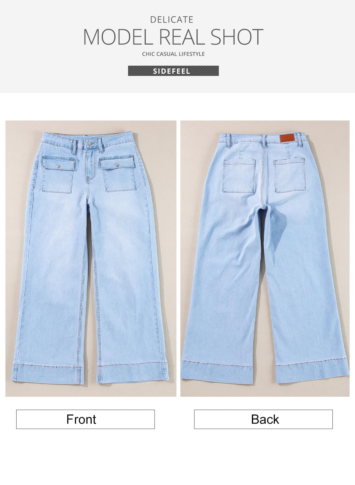 Sidefeel Women's High Waisted Wide Leg Stretchy Jeans with Patch Pockets | Comfortable Spring Outfit | Perfect for Casual Wear, Office & Date Night