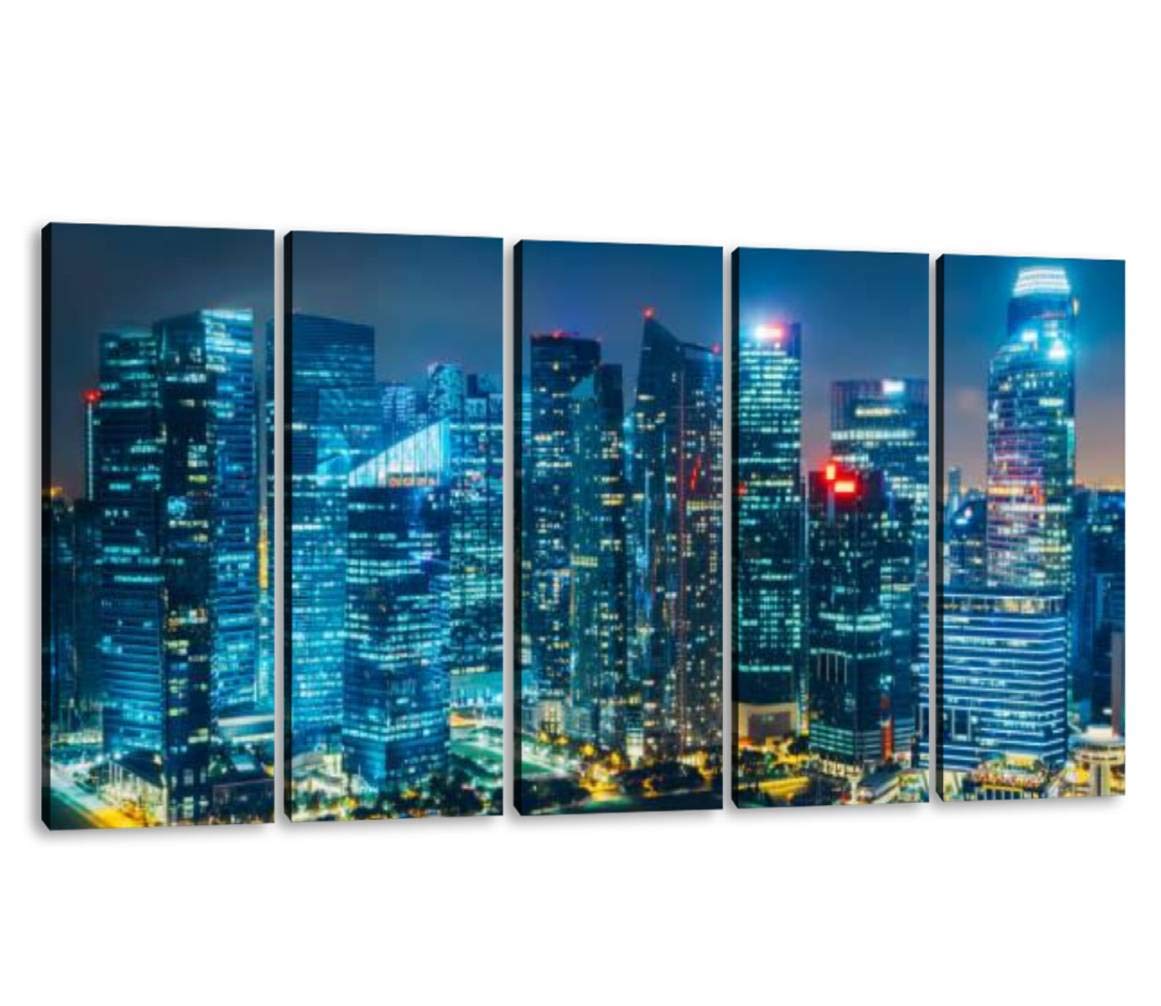 KiiAmy 5-Panel Canvas Wall Art - Singapore City Skyline & Business District Aerial View - Modern Framed Painting for Office, Bedroom & Home Decor - Ready to Hang (60''W x 32''H) - Perfect for Living Rooms, Offices & Modern Interior Design