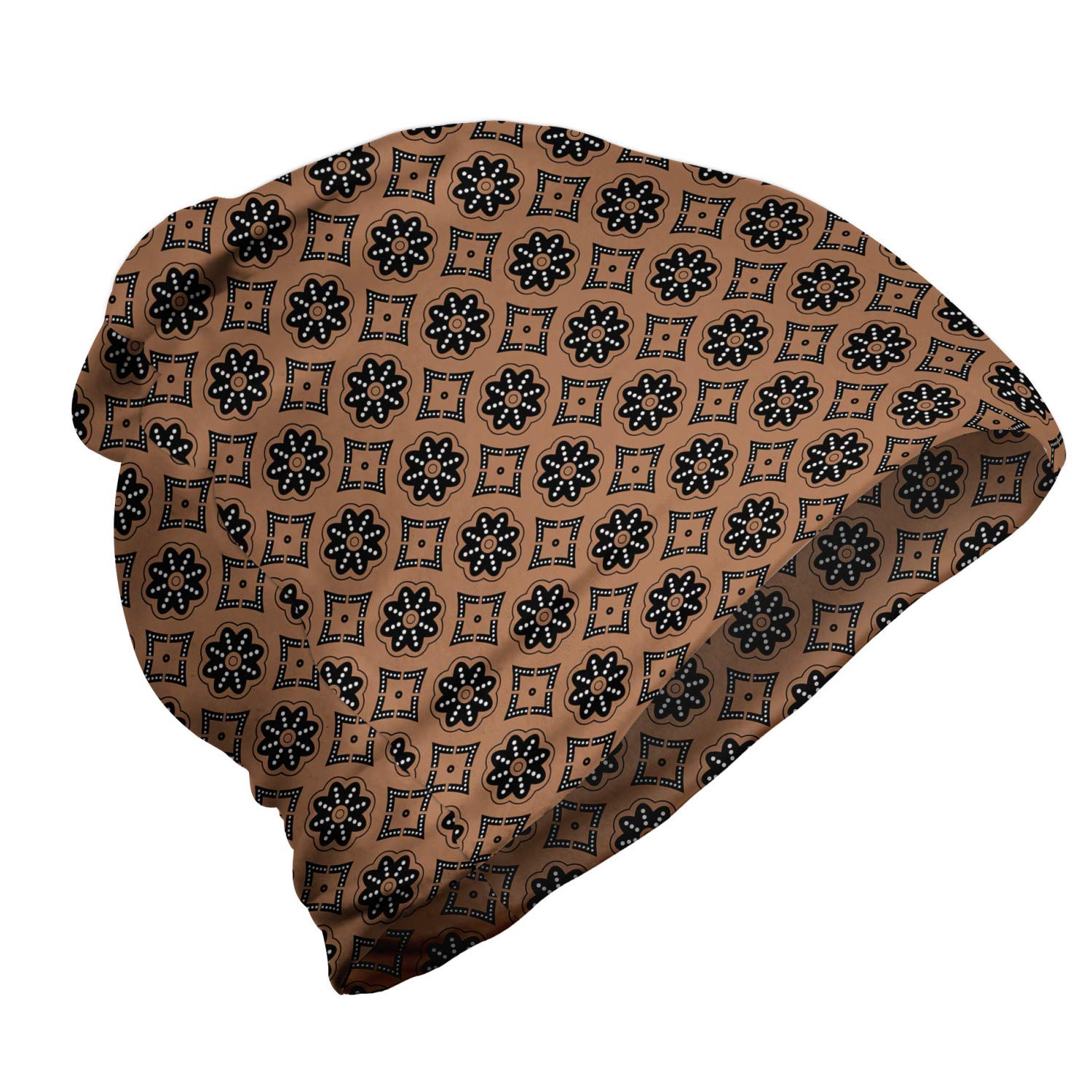 Ambesonne Unisex Beanie - Geometric Floral Folk Pattern Winter Hat for Men & Women - Warm Knitted Beanie for Hiking, Skiing, Outdoor Activities & Casual Wear