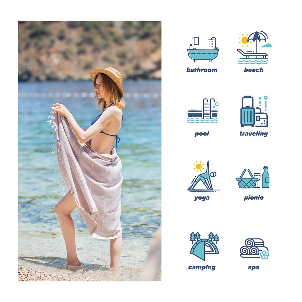 Turkish Beach Towel - Oversized 37x68, Quick-Dry & Sand-Free - Perfect for Pool, Beach & Travel (Beige)