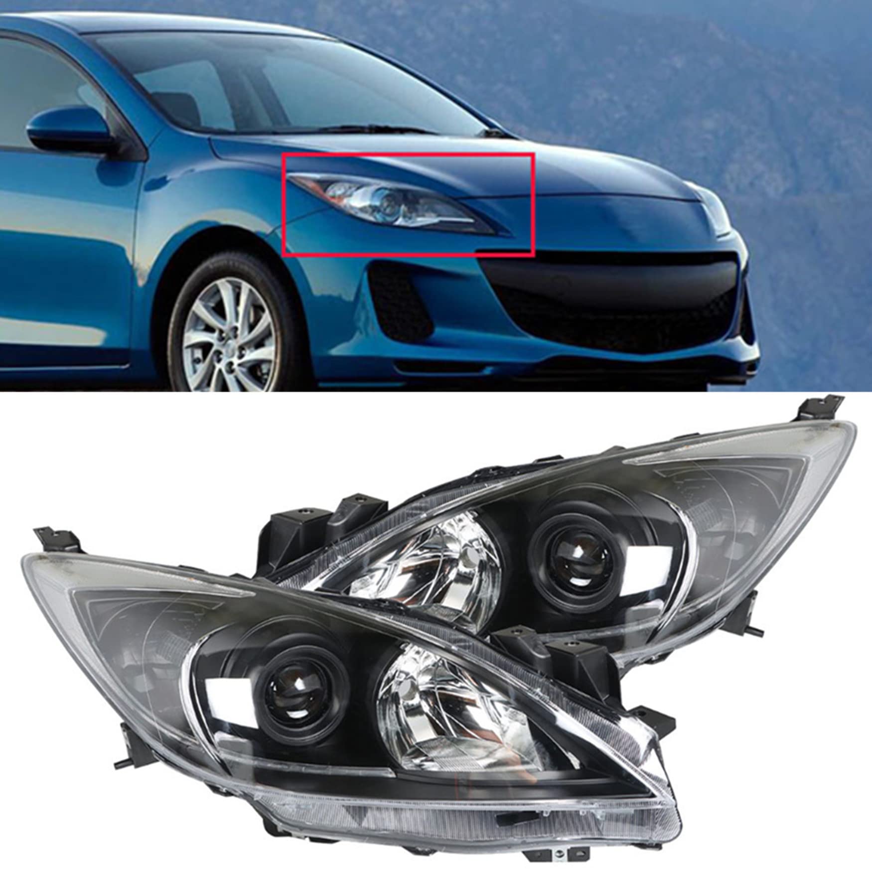 WFLNHB Replacement Headlights Assembly for 2010-2013 Mazda 3 Hatchback & Sedan - Black Housing Projector Headlamps Pair (Left+Right, MA2518130 MA2519130) - Perfect for Night Driving & Enhanced Visibility