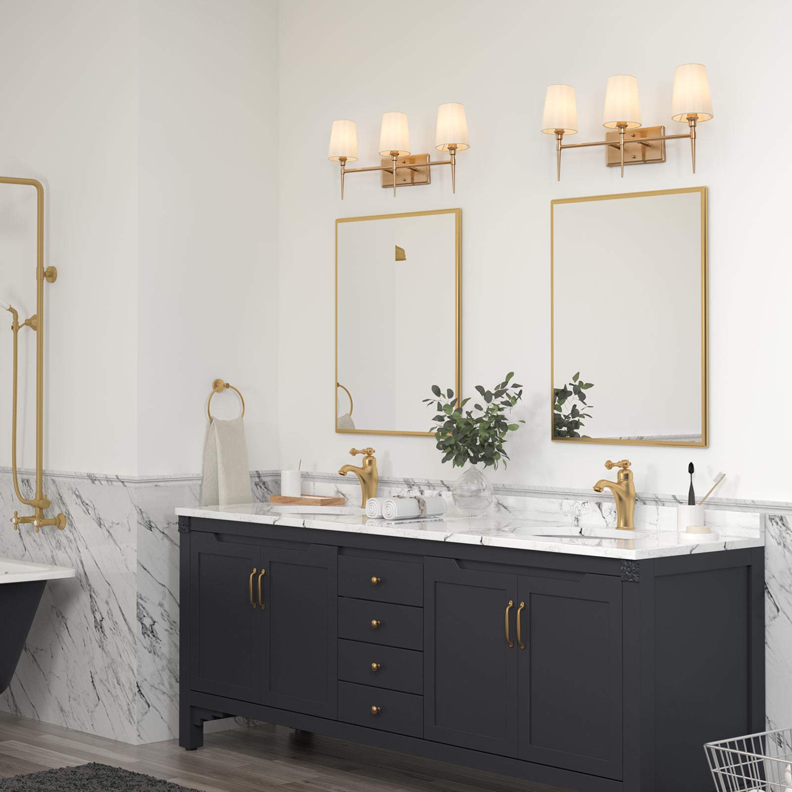 Classy Leaves 3-Light Gold Vanity Lights - Modern Bathroom Lighting Fixture with White Fabric Shade (23
