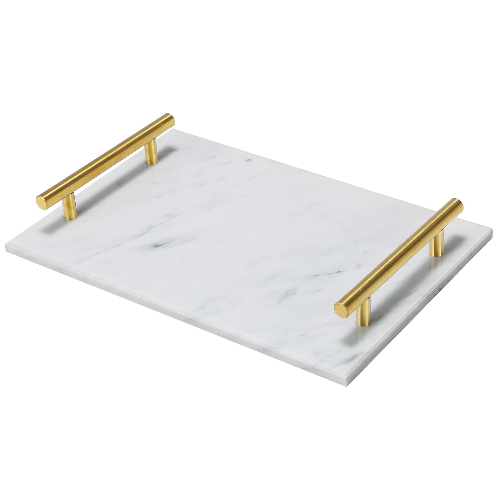 MAOPINER Handmade Marble Stone Perfume Tray with Copper Metal Handles - Elegant Jewelry Catchall & Trinket Organizer for Vanity, Dresser, Nightstand, Desk - Perfect for Displaying Perfumes, Rings, Watches & Keys (White)