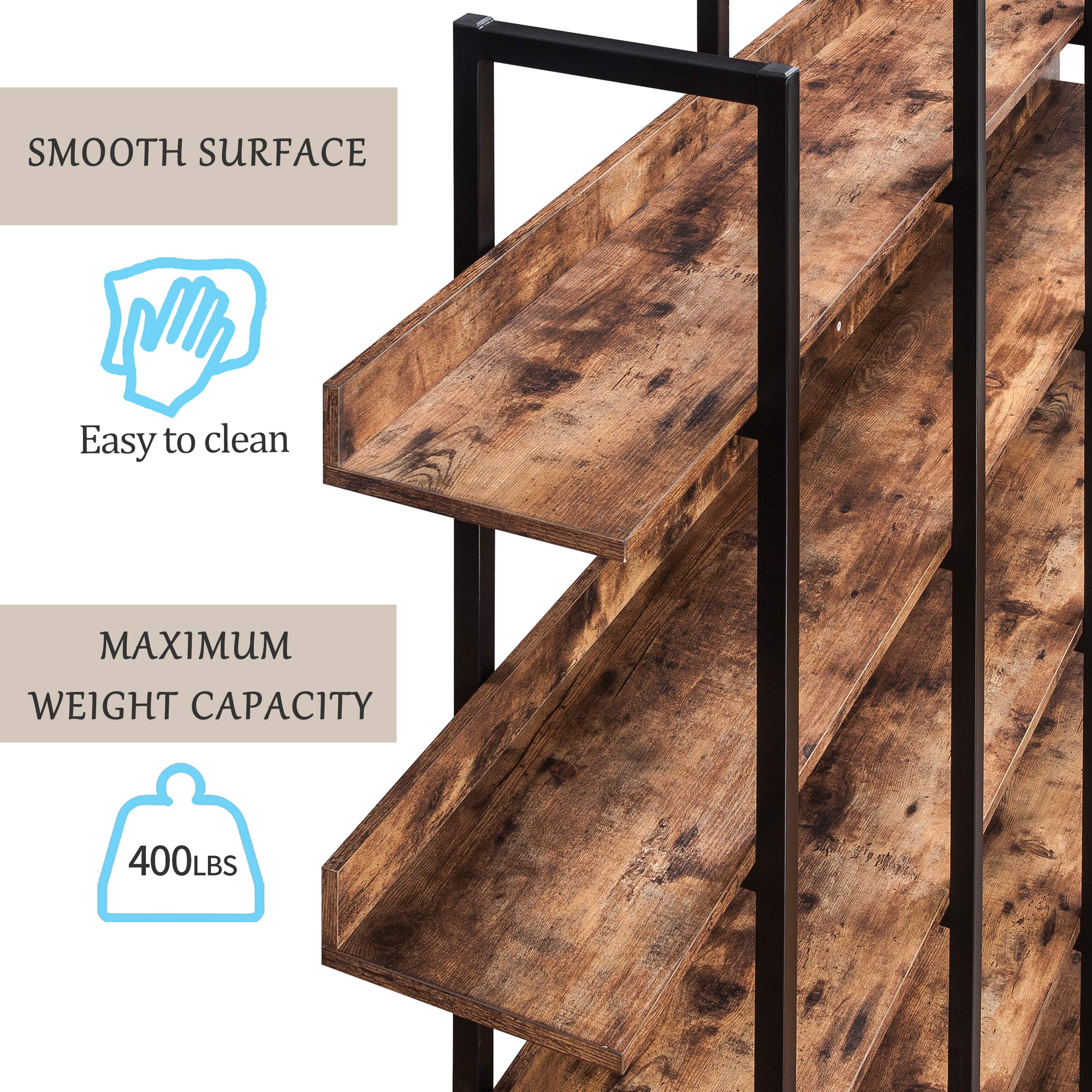 5-Tier Industrial Bookshelf - Sturdy Metal Frame Storage Organizer for Home Office, Living Room & Bedroom - Brown Wooden Bookcase for Books, Decor & Display