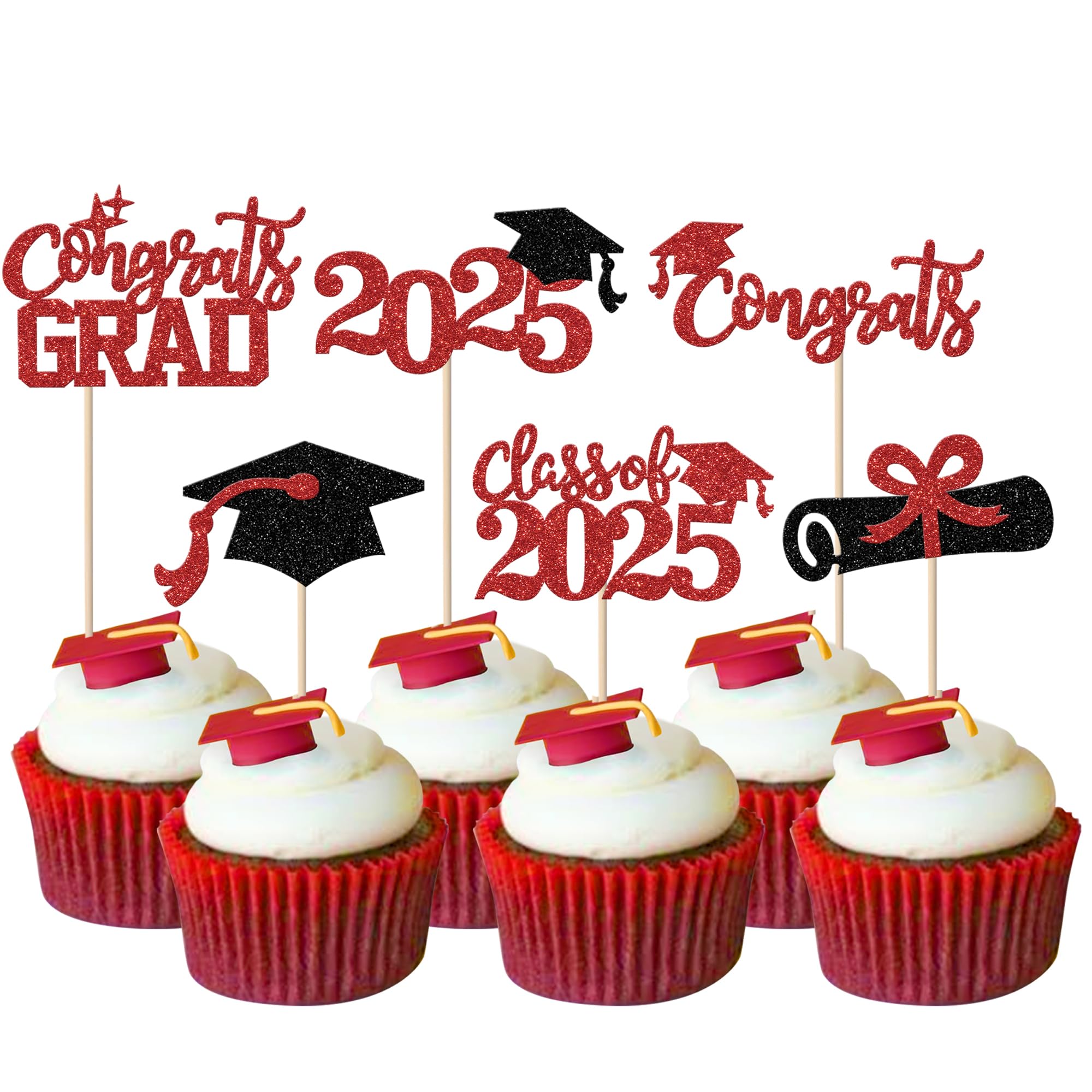 24 Pack Class of 2025 Graduation Cupcake Toppers - Glitter 2025 Congrats Grad Diploma Cap Cake Picks for Graduation Party Decorations (Red & Black) - Perfect for High School, College Graduation Celebrations & Themed Desserts