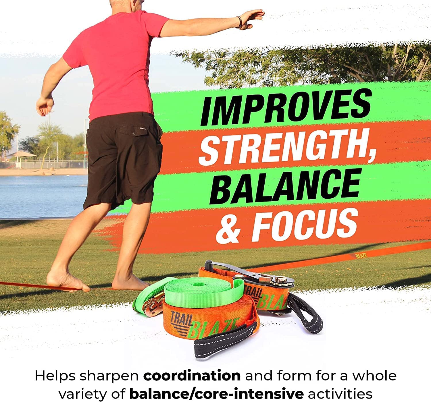 60ft Complete Slackline Kit with Wider Tree Protectors - Backyard Training, Outdoor Fitness & Adventure Activities for Kids & Adults