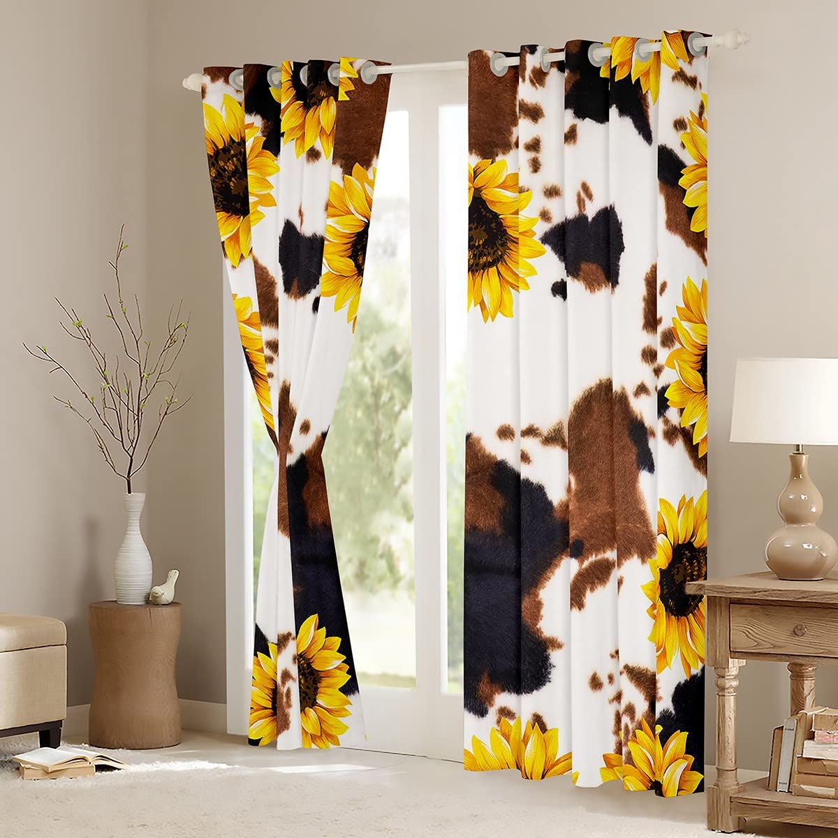 Cow Print Window Curtains 42x63 Inch - White Brown Black Cowhide Sunflower Design, Machine Washable, Western Animal Theme for Bedroom Decor | Perfect for Farmhouse, Boho, and Kids' Room Aesthetic