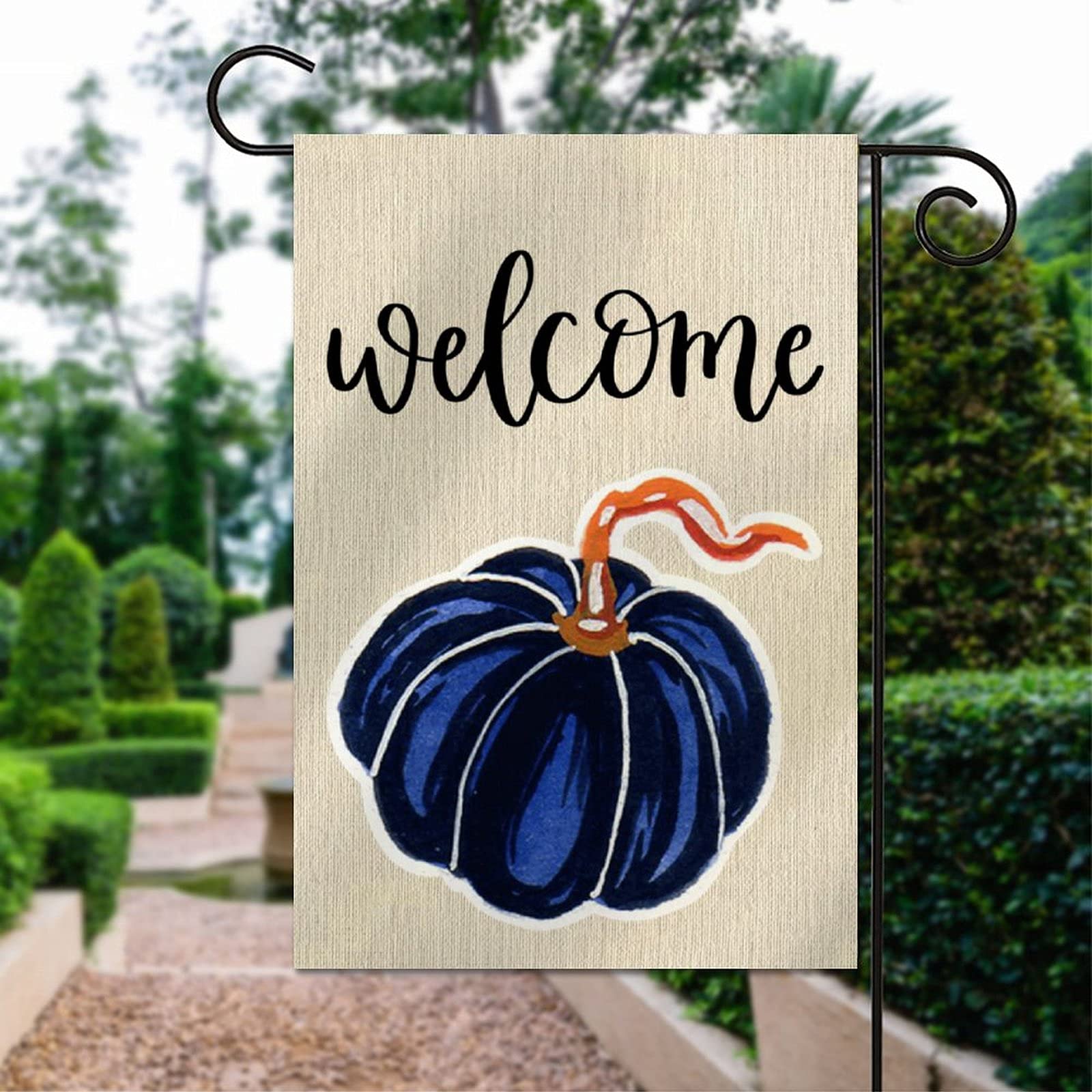 Double Sided Fall Welcome Garden Flag - Navy Blue Pumpkin Design 12x18 Inches, Burlap Yard Decor for Autumn, Thanksgiving & Halloween - Perfect for Farmhouse Porch, Lawn and Outdoor Seasonal Decoration